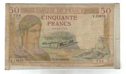 1939 Fifty Franc currency in plastic sleeve.jpg