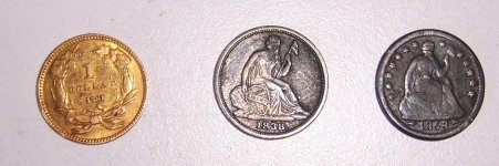 1861 O Gold dollar, 1838, 1853 Half Dimes.JPG