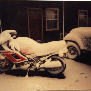 1993 - Troy, AL (Home) - My '84 Honda Interceptor VF1000R and my Jeep in the background during the (although small) biggest snow storm of my young lif