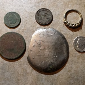20151122 172422  Shawn's house notables.  1892 IHP, 1947D Rosie, Medina Masonic Penny Token, Plated ring, SIlver pocket watch piece.
