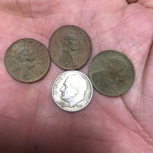 coin spill, 3 wheats and a silver dime