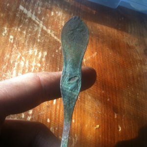 Crusty old spoon, half the bowl is rotted off. Neat design on handle. This was a creek find after the winter flooding.