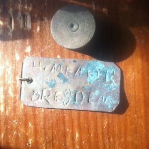 "H. Meaker Dresden" old trap tag.

Tag of some sort for a local resident. Looks hand stamped, copper maybe. Twisted wire held it to whatever was attac