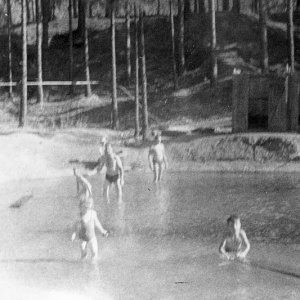 Black and White Photograph of People Playing in the Dutch Flat Swimming Pool