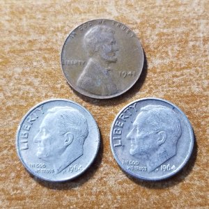 Two 1964 Silver Dimes and one 1941 Wheat Cent
