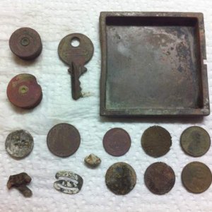 V Nickel - 1900's Building in Jackson, Mo.  Found my second V Nickel and an old Coty Makeup Tray.