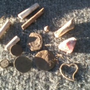 Pipe stems, Flint,Furniture rosette,
Gold heart locket, Buttons all pre-colonial