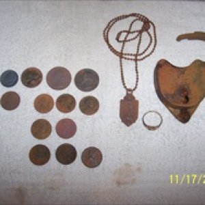 Northwood Beach finds Pendant, 1800's Switch lock, a ring and coins.