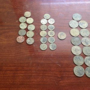 My second day with the Garrett Ace 350 13 quarters, 11 dimes, 1 nickel, 9 pennies no silver but I did get a wheat cent