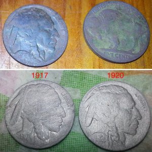 My first Buffalo Nickels.  Found in the same spot with a wheatie.