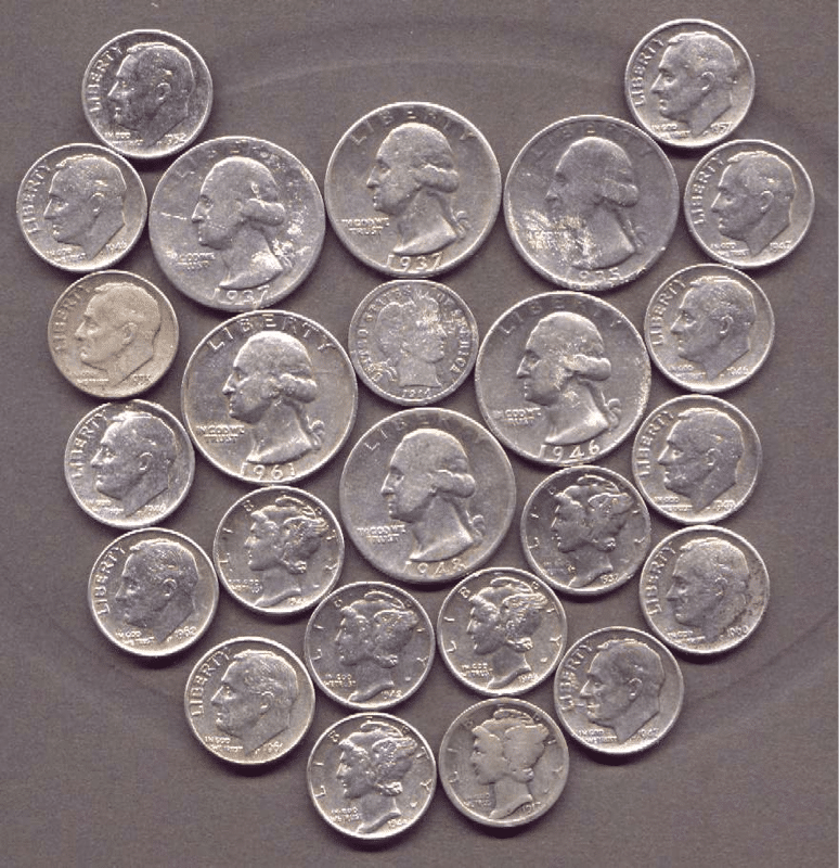 A fraction of silver coins that came from a military base.