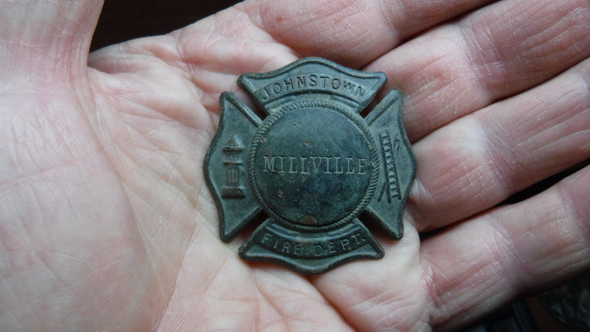 DSCF5233- Johnstown Millville Fire Dept. Badge  Around 1889 Before Flood. Pin in Back still attached.