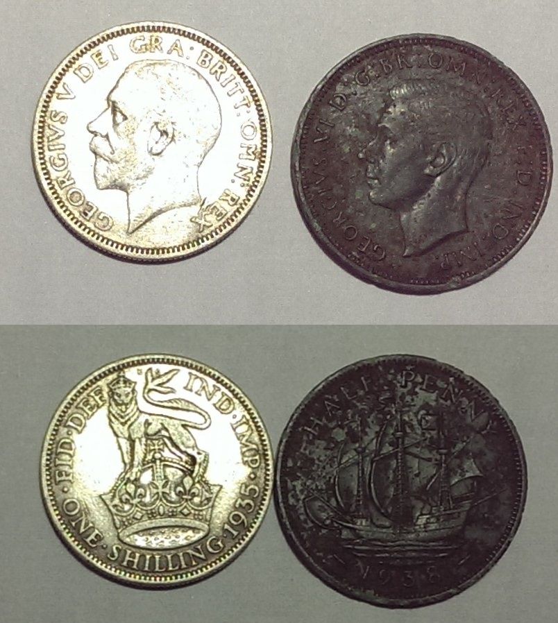 wednesday 15/03/17

condition = excelent/poor
uk 1 shilling + 1/2 penny
1935 / 1938