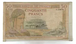 1939 Fifty Franc currency in plastic sleeve.webp