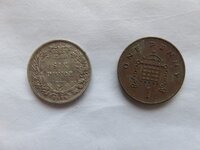 MY FIRST COINS EVER FOUND VICTORIA SIXPENCE AND NEW 1p.JPG