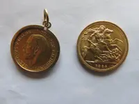 GEORGE V 1912 HALF SOVEREIGN IN MOUNT AND 1964 SOVEREIGN(BEACH FINDS).webp GEORGE V 1912 HALF SOVEREIGN IN MOUNT AND 1964 SOVEREIGN(BEACH FINDS).webp
