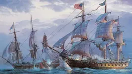 Ship sea battle American old flag.webp