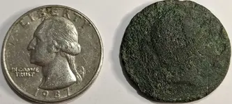 Obverse view of a 1773 Virginia Half Penny found 06-06-2020 Berryville Virginia.webp