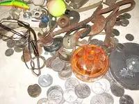 carnival glass flower frog and junk.webp