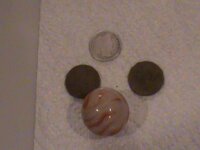 barber dime, 2 wheaties, and big shooter marble. 2-6-2011.JPG
