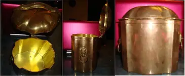 Brass Container with Lion Heads on Side.webp