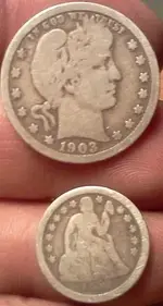 1903 silver quarter & an 1852 seated dime front.webp