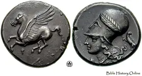 Corinth-Circa-345-307-BC-Pegasos-flying-left-helmeted-head-of-Athena-left-head-reverted-behind.webp