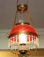 155_2 - Victorian Hanging Oil Lamp with Cranberry Hobnail Shades & Press Glass Font 14 in. Dia.webp