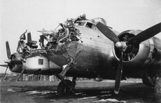 FLYING FORTRESS RETURNED AFTER A BOMBING RUN OVER COLONGE gERMANY 1944 ONE KILLED SARGENT ABBOTT.jpg