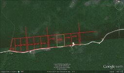 Close picture Via Google Earth parcel 150 & 152 with green & Red boundary lines.jpg