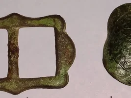 1656 POTOSI COB, TRAPEZOIDAL BUCKLE, BLOWHOLE BUTTON, EARLY STUD CHAPE, LEAD...