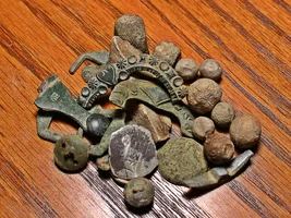1656 POTOSI COB, TRAPEZOIDAL BUCKLE, BLOWHOLE BUTTON, EARLY STUD CHAPE, LEAD...