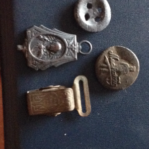 Mid 1800s military undergarment button, mechanic overall button, rosary medallion, garment clip pat nov 27 1883