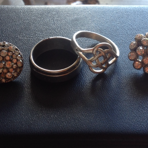 Ring #63 junk metal, ring #64 .925 silver Celtic design, couple junk bling earrings