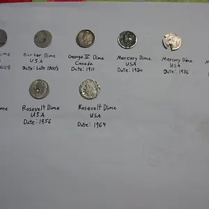 Canadian and American silver dimes.
Queen Victoria dime, George V, Barber Dime, 3 Mercs, and 3 Rossies.  
Found September 30th