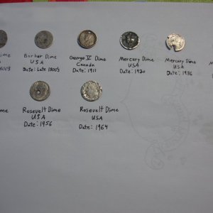 Canadian and American silver dimes.
Queen Victoria dime, George V, Barber Dime, 3 Mercs, and 3 Rossies.  
Found September 30th