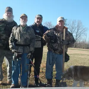 GROUP OF GUYS I HUNTED WITH AT 2015 VA. RELIC HUNT- RICK - RALPH - MYSELF AND PAUL -(KEITH HAD TO GO HOME EARLY-MISSING FROM PIC)  GREAT GROUP OF GUYS