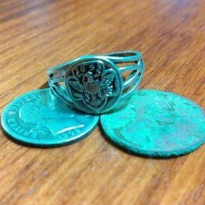 1930's Sterling Girl Scout ring, 1902 Barber Dime, and a 1946 wheat