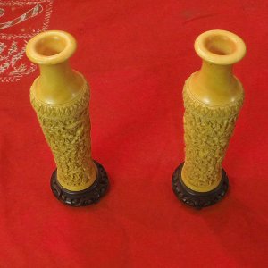 Very ornate Qing Dynasty African Elephant Ivory Dragon Vases. (A US soldier's Pacific-WWII souvenirs)