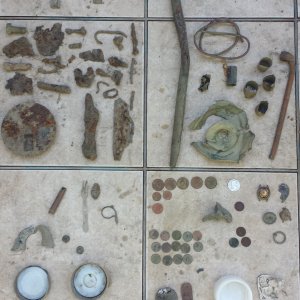 20150606 182441  Grey House Hunt 
3.5 hr  $1.93  top left aluminum, Mid left iron, mid right copper, bottom left misc., bottom right, coins and notabl