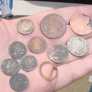 JUNE 7TH CAPE COD FINDS = 1819 LARGE CENT, 1851 LARGE CENT, 1861 IH PENNY, 1866 IH PENNY, SILVER WAR NICKLE, 2 SILVER ROOS.DIMES, 2 MERC DIMES, 1951-S