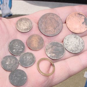 JUNE 7TH CAPE COD FINDS = 1819 LARGE CENT, 1851 LARGE CENT, 1861 IH PENNY, 1866 IH PENNY, SILVER WAR NICKLE, 2 SILVER ROOS.DIMES, 2 MERC DIMES, 1951-S