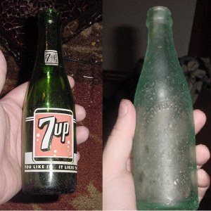 THESE 2 BOTTLES WERE FOUND ON A JUNE HUNT  - 7UP IS FROM 50s- OTHER IS FROM THE TEENS AND WAS A GINGER ALE BOTTLE