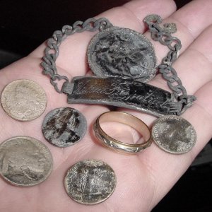 AUG 3RD KEEPERS - 14K GOLD BAND - STERLING ID BRACELET - 1946 SIL.HALF - 3 MERCS - BUFFALO - INDIAN HEAD PENNY 186?