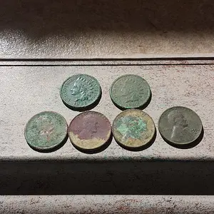20150822 162333  Notable coins 2 IHPs 1887 & 1902 also 1911-D Jim's house),  1956-D wheat from Scott's house and 2 1951 wheats from the middle school.
