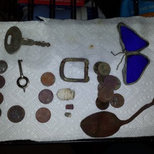 20150912 A collection of stuff dug on private property in Madison with the F75. Included are a 1952d silver Roosevelt, some clad, an old Ford key, a h