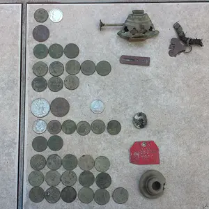 20150913 164724  Jims House  58D Rosie and 3 wheats 14, 29, & 48D,  Crystal's House 1985 Canadian dime, 2 heats 45 & 46, and a 5 cent trade token