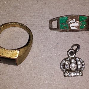 20151128 Gold plated ring marked 18k, an unmarked silver looking pendant and some unknown object found in Richland Eastside Park with the F44.