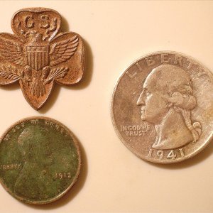 21060130 notables  Girl Scout Pin, 1913 wheat and 1st silver 1941 quarter.