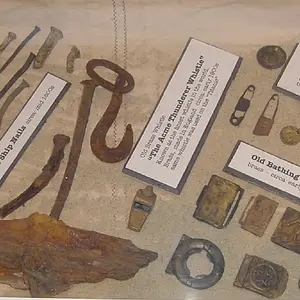 PART OF DISPLAY I PUT ON LOAN
THIS INCLUDES BRONZE SPIKES AND NAILS USED IN BOAT CONSTRUCTION - OLD BEACH TAGS AND BATHING SUIT BUCKLES AND AN OLD WHI